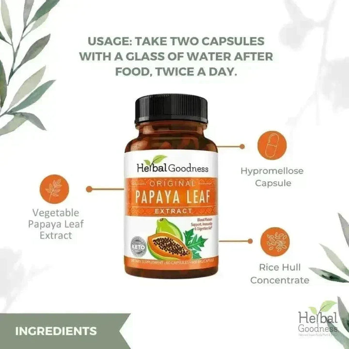 Papaya Leaf Extract - Capsules 600mg - 10X Strength - Herbal Goodness Capsules Herbal Goodness 