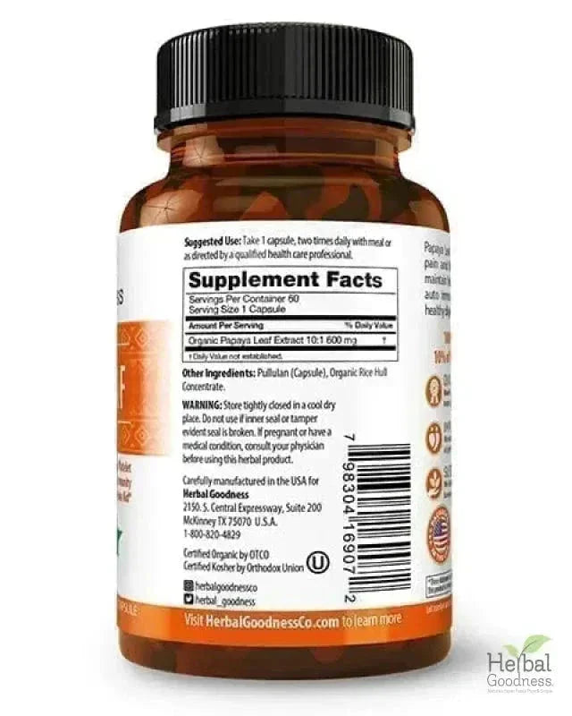 Papaya Leaf Extract - Capsules 600mg - 10X Strength - Herbal Goodness Capsules Herbal Goodness 