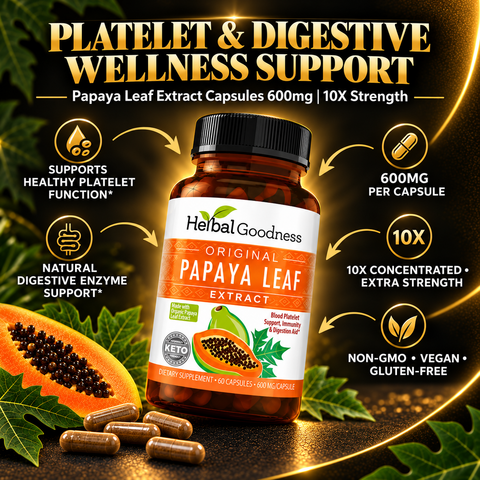 Brown glass bottle with black cap and white label of papaya leaf extract 10x strength capsules for platelet support surrounded by papaya slices and capsules