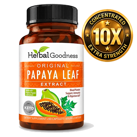 Herbal goodness papaya leaf extract capsules 600mg in a brown bottle with black cap for 10x strength platelet support
