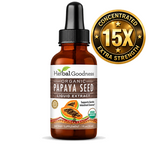 A brown glass bottle with black dropper cap labeled herbal goodness organic papaya seed extract featuring papayas and usda organic seal