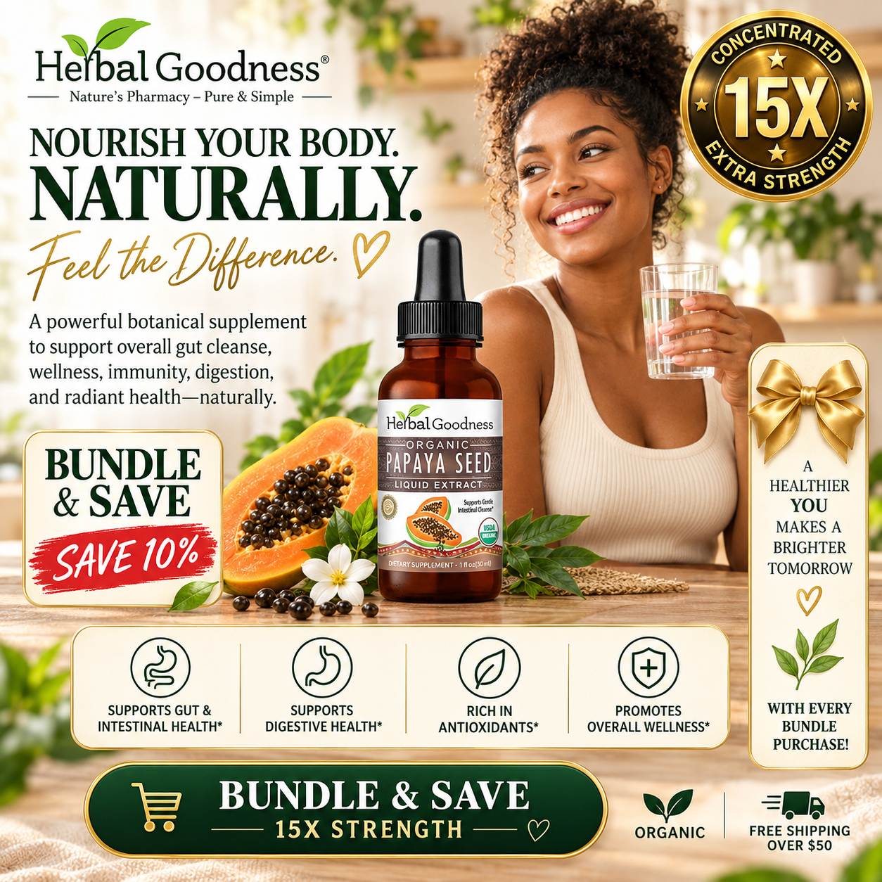 Herbal goodness papaya seed extract 15x organic liquid in dark amber glass bottle with black dropper cap for gut cleanse