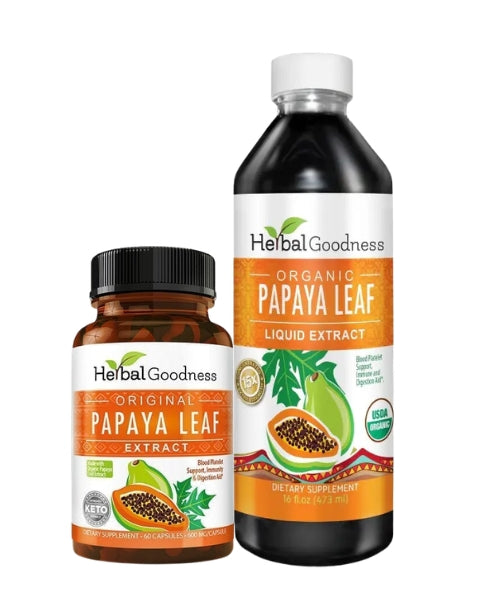 Organic papaya leaf supplement and liquid extract in brown and dark glass bottles by herbalgoodness daily immune support bundle