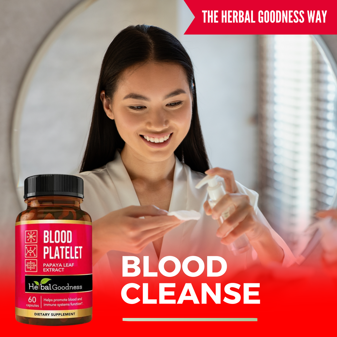 A brown glass bottle with black cap and vibrant pink label of hebalgoodness blood platelet liquid extract supplement