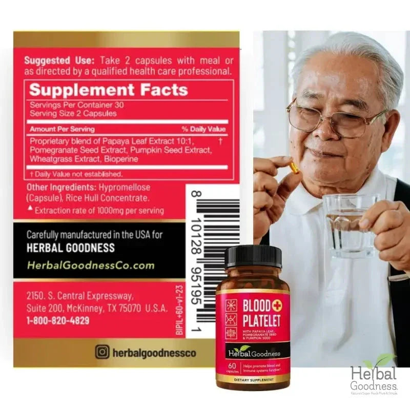 A brown glass bottle with black cap and red label of platelet boost restore stack by Herbal Goodness promoting blood wellness