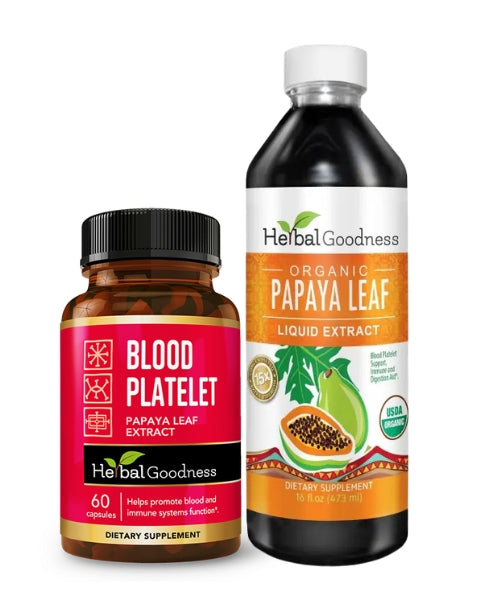Herbalgoodness organic papaya leaf liquid extract in a dark amber bottle with orange white label for platelet boost and restore stack promoting blood wellness