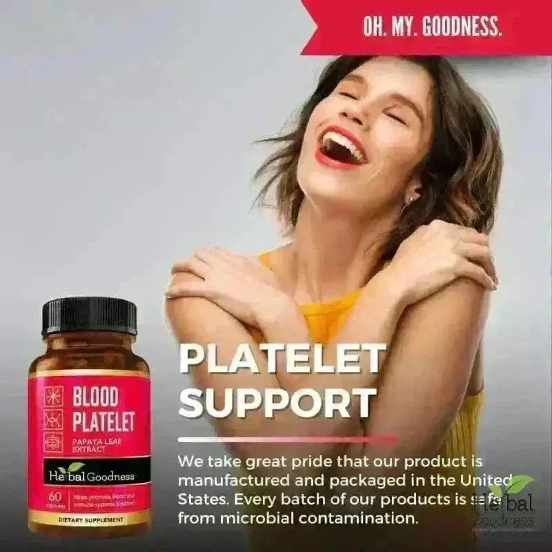 A brown glass bottle with a black cap and red label of platelet boost and restore stack for promoting blood wellness