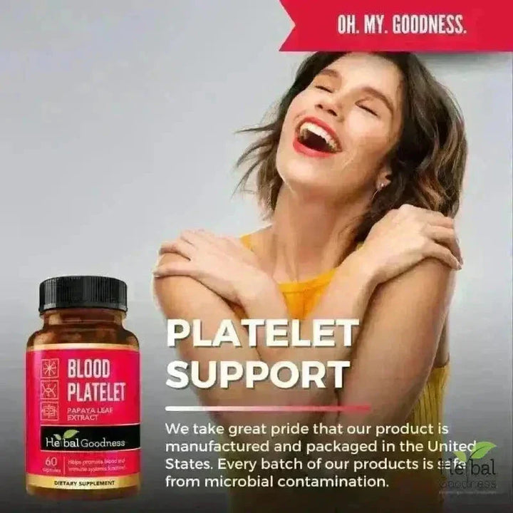 A brown glass bottle with a black cap and red label of platelet boost and restore stack for promoting blood wellness