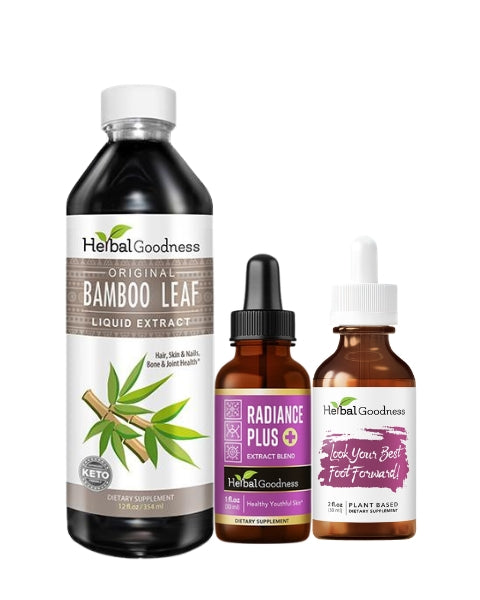 Herbalgoodness original bamboo leaf liquid extract in dark amber bottle with white cap in radiant beauty bundle designed for hair skin nails