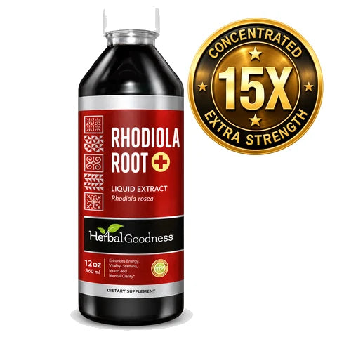 A dark amber glass bottle of herbal goodness rhodiola root liquid extract with red and black label to uplift mood