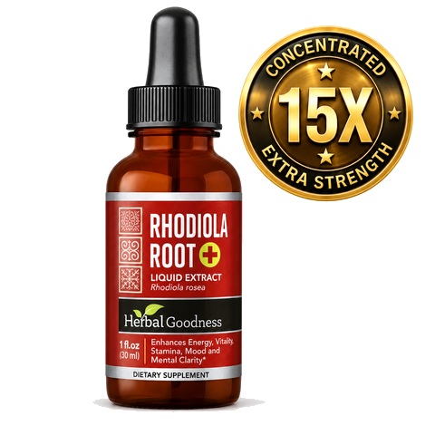 A brown glass bottle of herbal goodness rhodiola root liquid extract with black dropper for energy and uplift mood