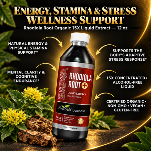 A dark amber glass bottle with a white cap and red herbal goodness rhodiola label for rhodiola root liquid extract to uplift mood