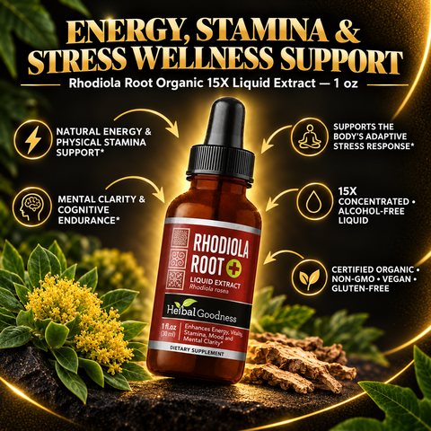 Dark amber glass bottle of herbal goodness rhodiola root liquid extract 15x for energy stamina and uplift mood