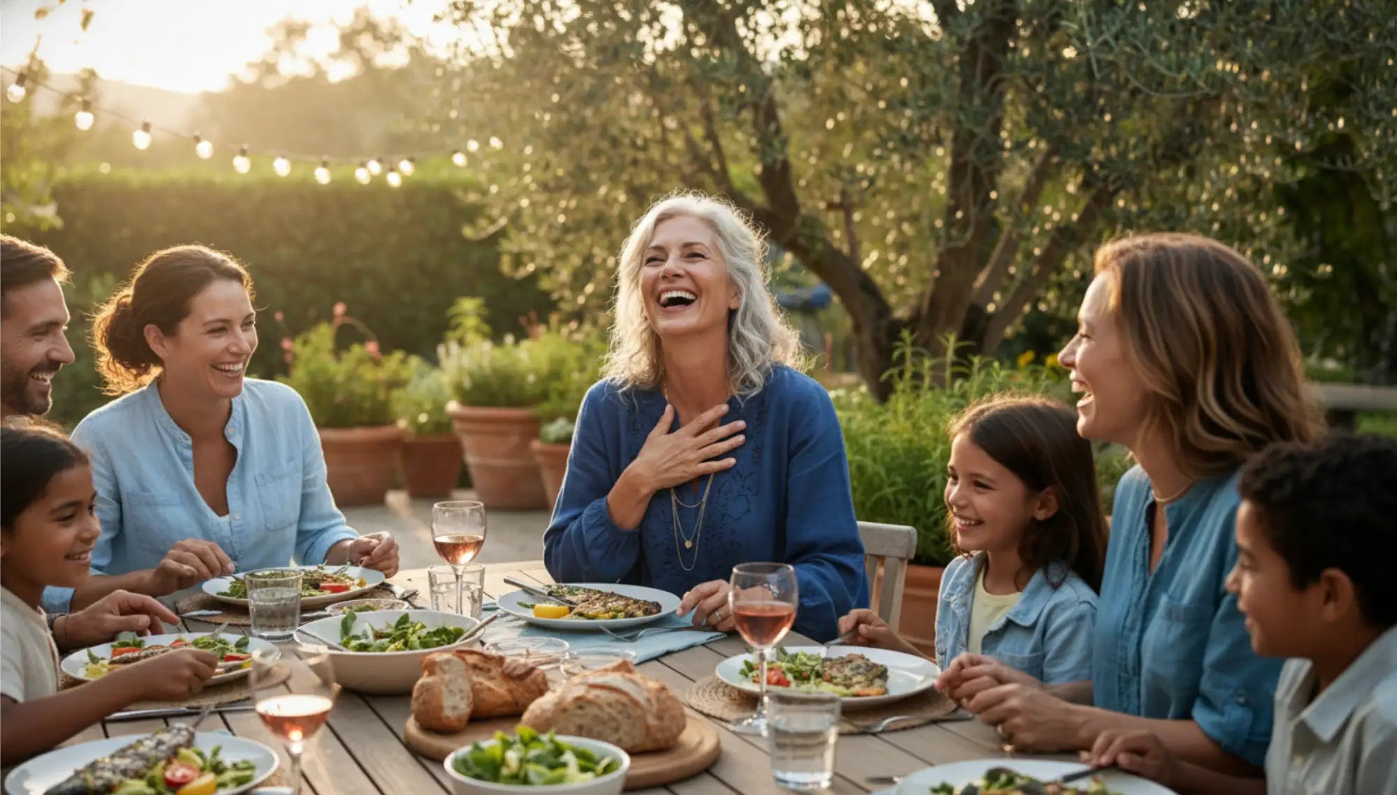 A woman with long, wavy silver hair wearing a blue blouse and layered necklaces sits at an outdoor dining table.