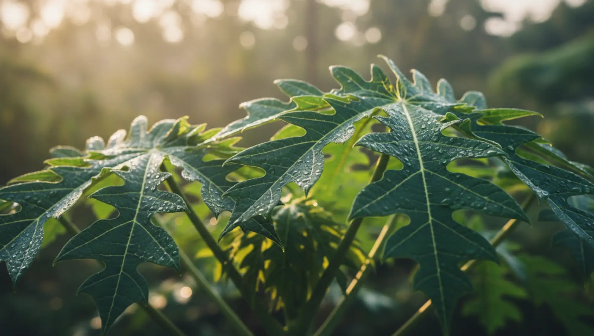 Vibrant green papaya leaves with serrated edges and glistening water droplets.