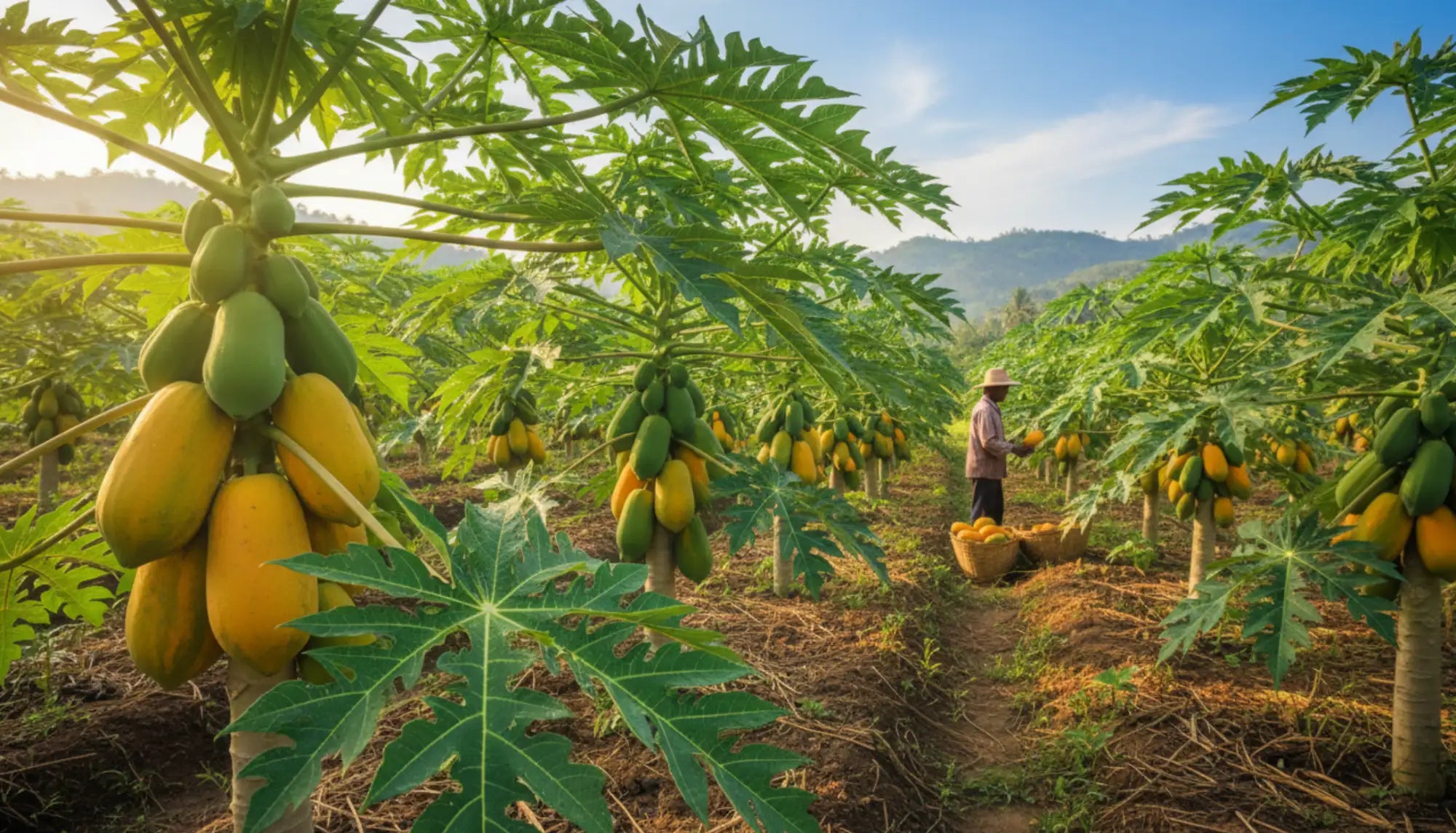 Clusters of ripe yellow and green papayas hang from leafy trees in a sunlit orchard.