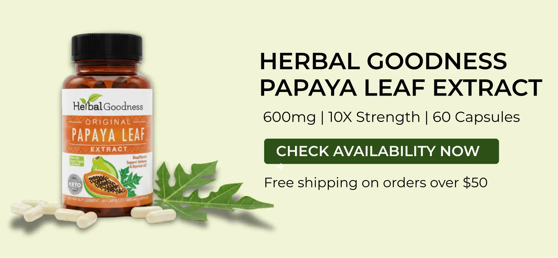 Amber glass bottle with black cap and white label featuring ’herbal goodness’ branding, displaying original papaya leaf extract capsules.