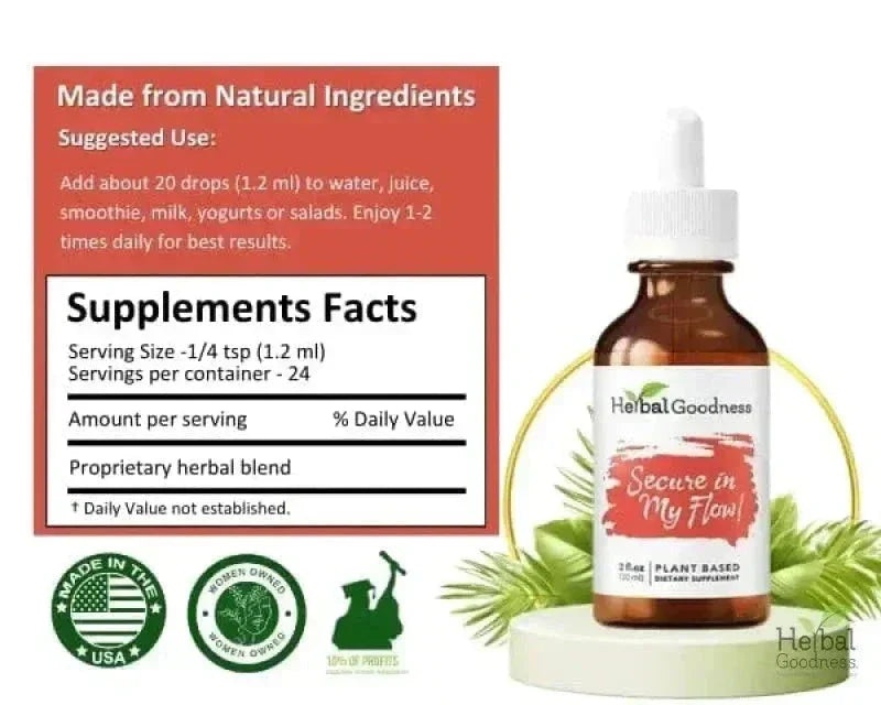 Secure in my Flow 2fl.oz - Plant Based - Dietary Supplement, Ensure Comfortable Menstrual Cycle. - Herbal Goodness Liquid Extract Herbal Goodness 