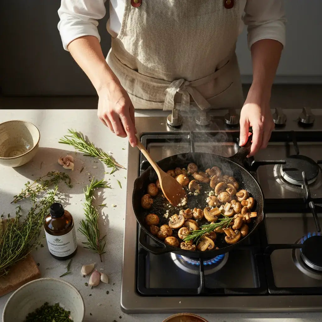 sliced mushrooms on cutting board