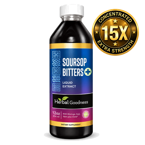 Dark amber soursop bitters liquid extract in a sleek black bottle with vibrant blue purple and gold label for deep body cleanse