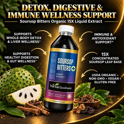 A dark glass bottle with a white cap and blue label of herbal goodness soursop bitters liquid organic 15x extract for deep body cleanse