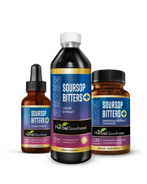 Herbalgoodness soursop bitters detox trio with dark amber glass liquid extract, black plastic bottle, and orange pill container