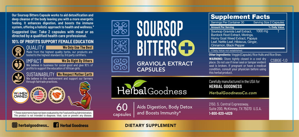 Soursop Bitters Extract Plus - Capsules 60/600mg - Body Detox - Herbal Goodness Capsules Herbal Goodness 