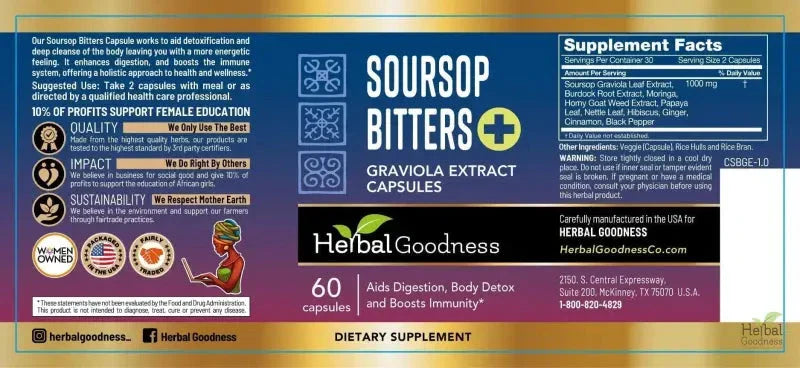 Soursop Bitters Graviola Extract - 120/1000mg Capsules - Immunity & Wellbeing Capsules Herbal Goodness 