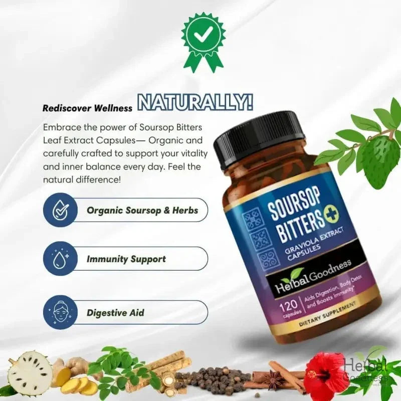 Soursop Bitters Graviola Extract - 120/1000mg Capsules - Immunity & Wellbeing Capsules Herbal Goodness 