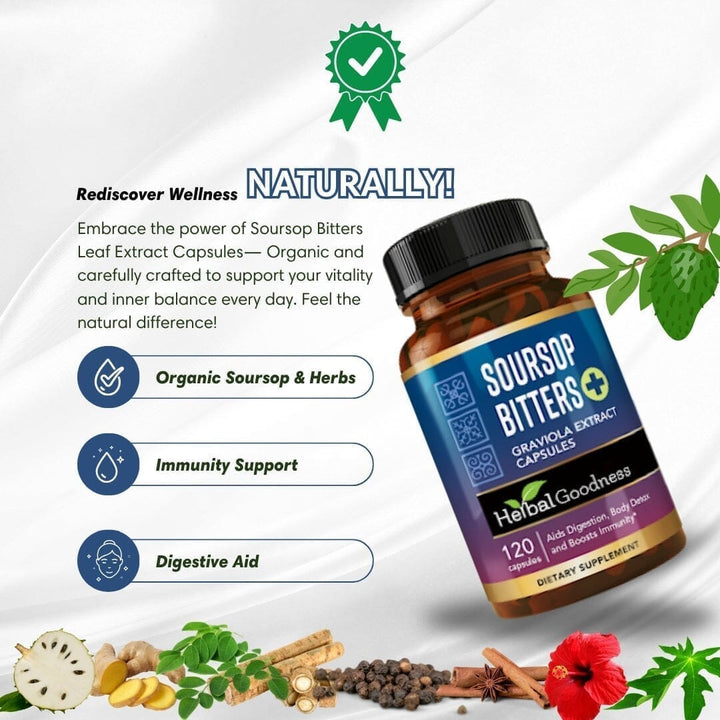 Soursop Bitters Graviola Extract - 120/1000mg Capsules - Immunity & Wellbeing Capsules Herbal Goodness 