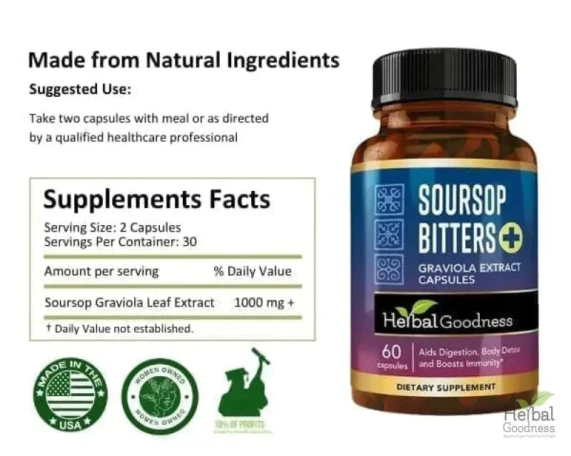 Soursop Bitters Graviola Extract - 120/1000mg Capsules - Immunity & Wellbeing Capsules Herbal Goodness 
