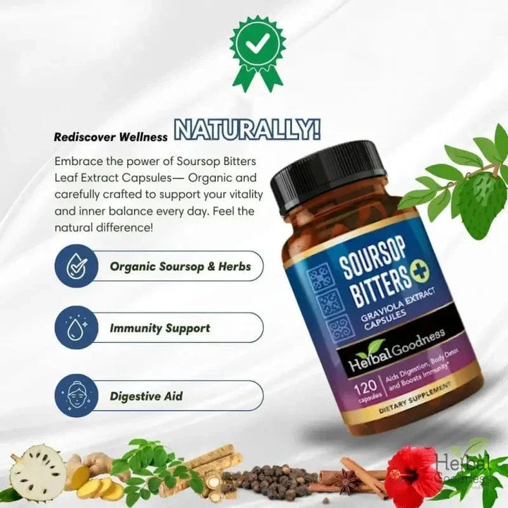 Soursop Bitters Graviola Extract - 120/1000mg Capsules - Immunity & Wellbeing Capsules Herbal Goodness 