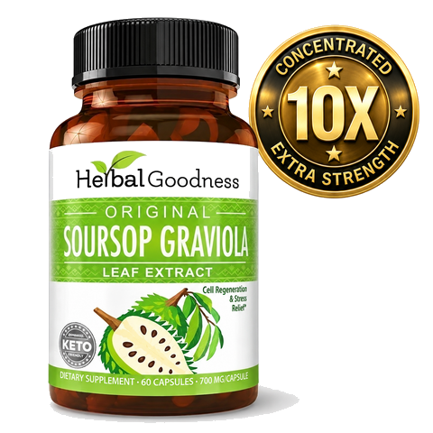 A brown glass bottle of herbal goodness soursop graviola leaf extract capsules 10x potency with 60 green label