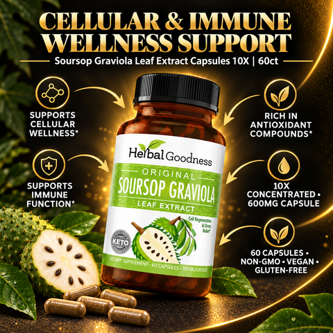 Brown bottle with black cap labeled herbal goodness soursop graviola leaf extract capsules 60ct with rice hull concentrate