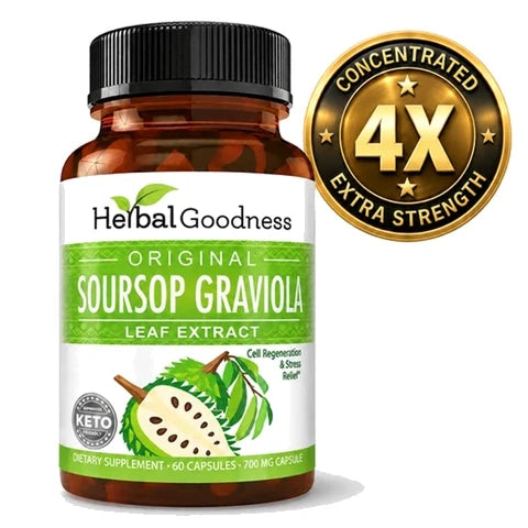 A brown glass bottle with a black cap and green herbal goodness label containing graviola leaf extract capsules