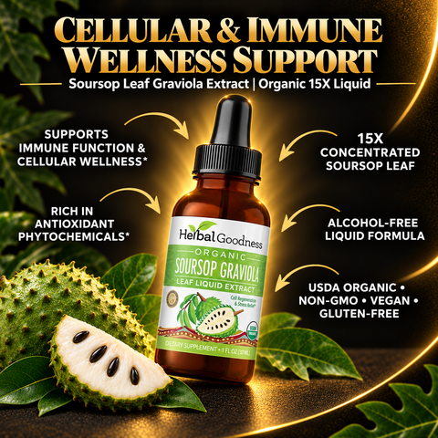 Brown glass bottle of herbalgoodness organic soursop graviola leaf liquid supplement soursop leaf extract