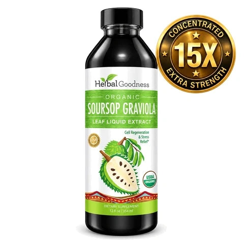Black bottle of herbal goodness organic soursop leaf graviola extract liquid with green and white label showing fruit illustration