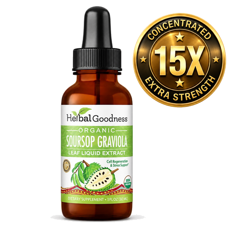 Herbal goodness organic soursop leaf graviola liquid extract in brown glass dropper bottle with green label for immunity