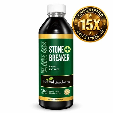 Dark green bottle with white cap and gold accents labeled stone breaker liquid extract by herbal goodness for kidney wellness