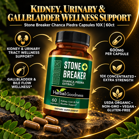 A brown bottle with black cap and green label stone breaker chanca piedra capsules for kidney gall bladder wellness