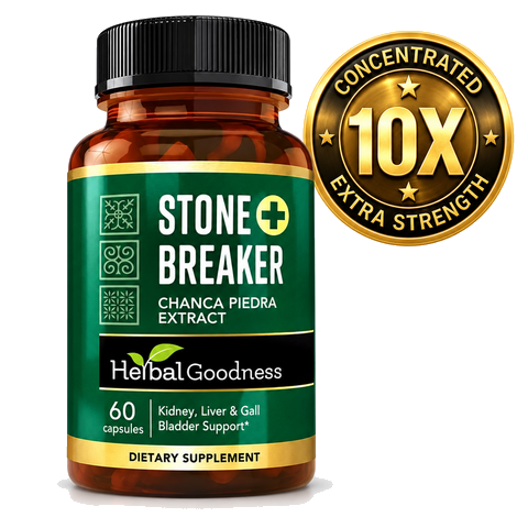 Green-labeled amber bottle of stone breaker chanca piedra capsules with black cap and gold seal for kidney gall bladder wellness