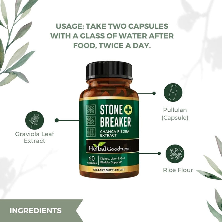 Stone Breaker Chanca Piedra Extract Capsules - Kidney Gall Bladder & Urinary Track Cleanse 60/600mg Herbal Goodness Capsules Herbal Goodness 