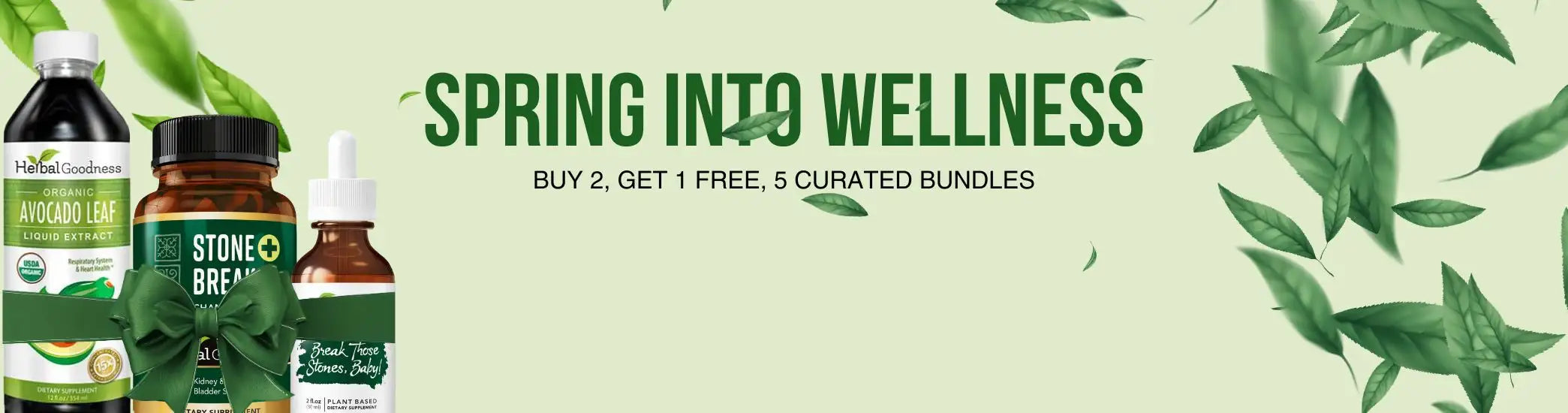 Three bottles of wellness supplements, including a dark glass bottle with an avocado leaf label and two amber glass dropper bottles.