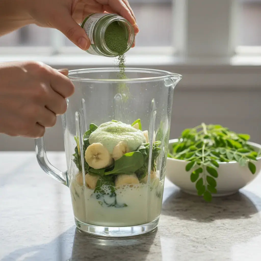 Moringa powder and tea with green background