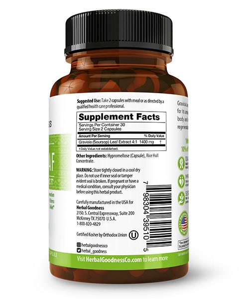 Graviola (Soursop) Leaf Extract - 60/700mg Veggie Capsules - Healthy Cell Support - By Herbal Goodness Capsules Herbal Goodness 