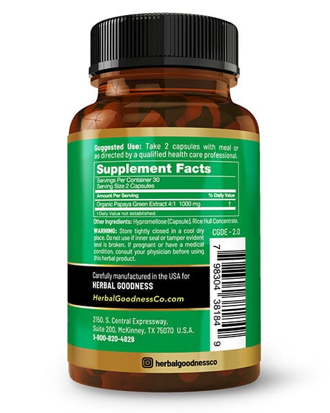 Gut Digest-Papaya Green Leaf Extract-60/600mg-Digestion and Enzyme Level Support-Herbal Goodness Capsules Herbal Goodness 