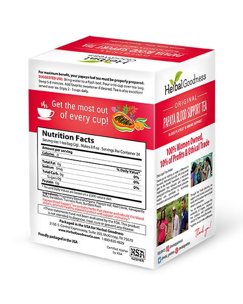Papaya Blood Support Tea - 24/2g Tea Bags - Blood Cleanse, Platelet & Immune Support - By Herbal Goodness - Herbal Goodness
